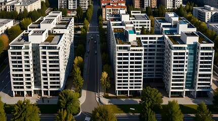 Smart city, landscape city centre with many building, airplane is flying in the sky and people walking, running in park.Panoramic view of town square in Dallas, Georgia, after sunsetAerial panorama.