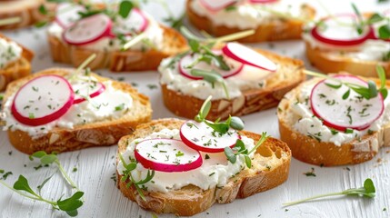 radish cream cheese sandwiches presented on weathered wooden table, accompanied by a banner designed as a copy space for a sandwich menu, reflecting a healthy food theme.