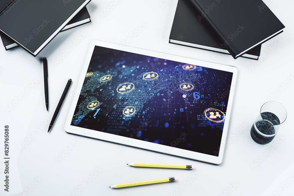 Poster top view of modern digital tablet monitor with social network icons concept and world map. marketing