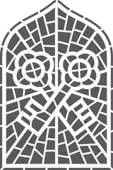 Church glass window. Gothic arch frame with medieval symbol. Vintage architecture element. Stained mosaic decoration with keys