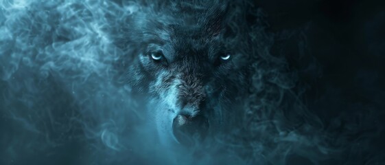 A wolf's intense gaze through swirling smoke.