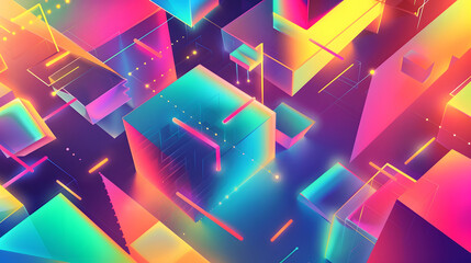 abstract illustration of geometric shapes and structures in colorful neon colors and lights. Generative AI.