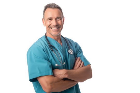 Middle-Aged Male Doctor in Blue Scrubs Smiling on White Background
