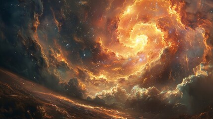 A swirling fiery nebula fills the sky with vibrant colors and glowing clouds.