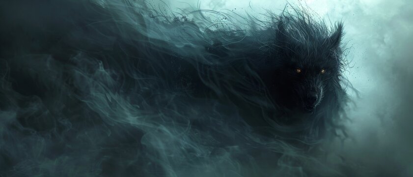 A shadowy wolf emerges from the mist, its eyes glowing with an eerie light.