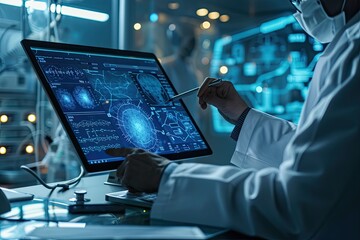 Healthcare and medical concept, doctor doing research diagnosis of patient, record and report with virtual interface. Medical examination, medicine. Innovation and Medical technology.