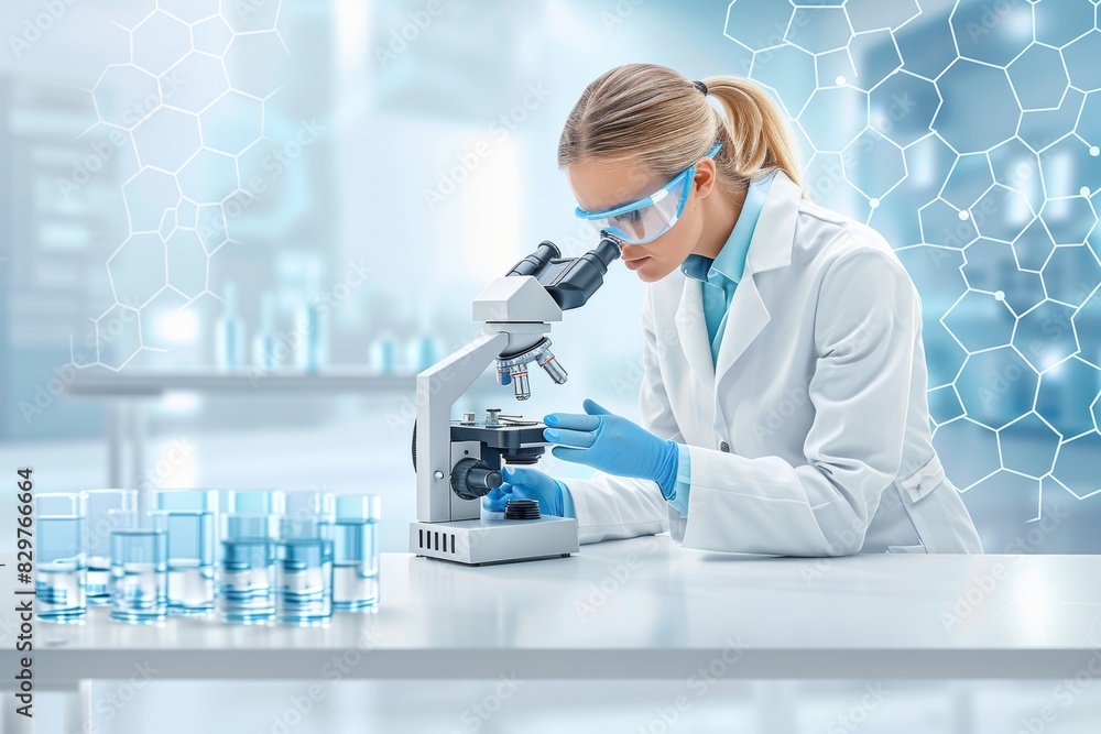 Poster focused scientist in lab coat examining samples with microscope in advanced laboratory