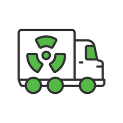 Nuclear Transport and Logistics, in line design, green. Nuclear, Transport, Logistics, Safety, Container, Radiation, Shipment on white background vector. Nuclear Transportation editable stroke icon.