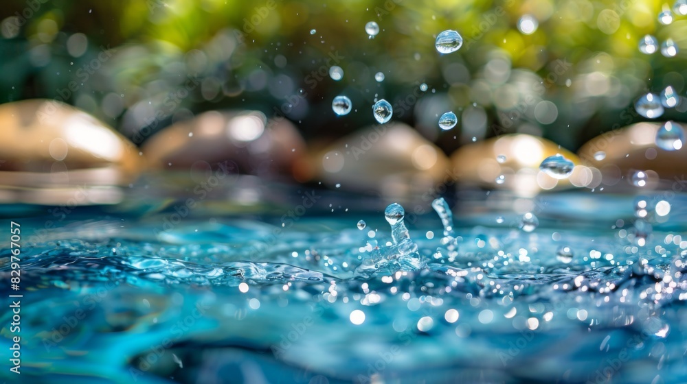 Fototapete a refreshing splash of water droplets falling into a crystal-clear pool, creating a serene and tranq