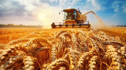 a framed perspective, a harvester diligently reaps wheat in a golden rye or grass meadow during the summertime, set against a picturesque blue sky with scattered clouds.