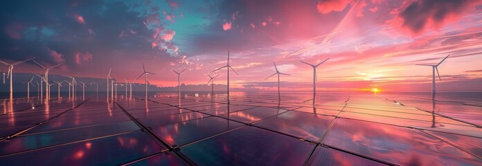 A panoramic view of a modern solar panel farm and wind turbines with a sunset sky background.