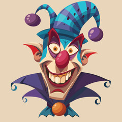 Creepy smiling Joker jester in cap with bells. Cartoon vector illustration