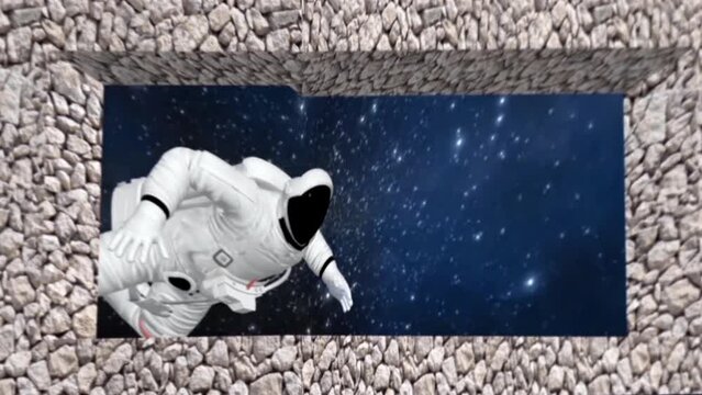 3D anamorphic video on an outdoor corner LED display. 3D animation of astronaut in space. This video was made to be displayed on a outdoor 3D video advertising screen 90 degree corner LED display.