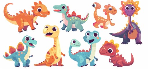 Vector illustration of cute cartoon dinosaurs, smiling and laughing with big eyes on a white background.