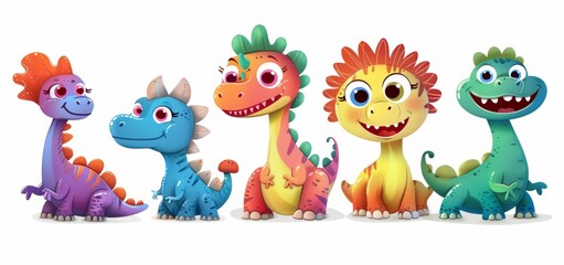 Fototapeta premium Vector illustration of cute cartoon dinosaurs, smiling and laughing with big eyes on a white background.