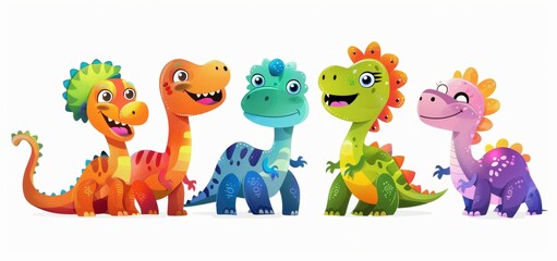 Fototapeta premium Vector illustration of cute cartoon dinosaurs, smiling and laughing with big eyes on a white background.