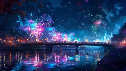 A river bridge at night, with colorful fireworks lighting up the sky and their reflections dancing on the water