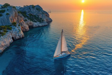 a wide view of the sea among Islands with the yacht sailing on sunset professional photography