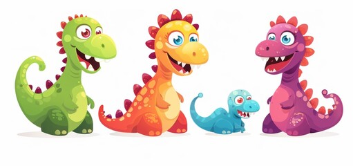 Fototapeta premium Vector illustration of cute cartoon dinosaurs, smiling and laughing with big eyes on a white background.
