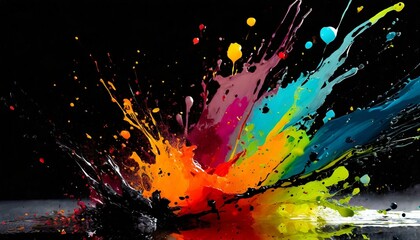 無造作に飛沫、色鮮やかな光沢のあるインク、階調と漆黒の空間、くっきりとシンプルに、クールでスタイリッシュに表現 Generated by AI