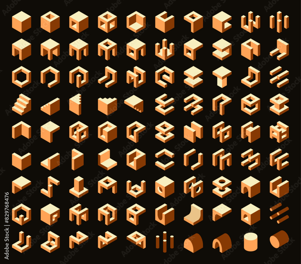 Wall mural mega isometric shapes collection. abstract block set. architectural vector elements. geometric icons