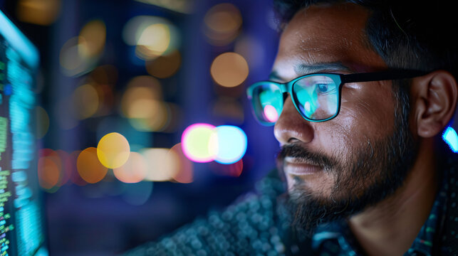 Focused programmer working late night. Focused male computer programmer working on code at his desk late at night with city lights in background