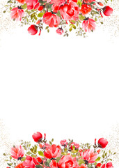 Watercolor floral BORDER / FRAME horizontal PNG with transparent background, with red flowers and gold glitter.	