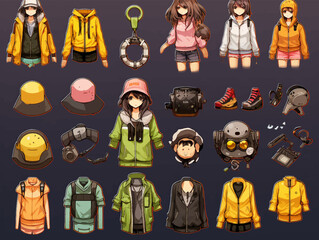 Anime manga cartoon characters for animation, motion graphic. Parts of body, eight emotions, many parts of hands. Cute character set clothes costume
