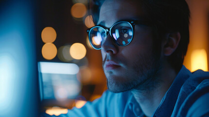 Focused young man working late on computer. A young man wearing glasses stares intently at a computer screen, lit by the blue glow, while working late into the night.