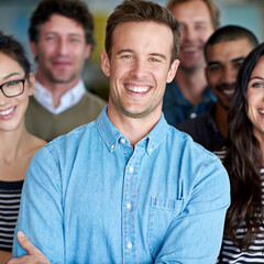 Smile, meeting and portrait of businessman with team in office for unity, collaboration or support. Confident, happy and male creative designer with group for discussion with pride in workplace.