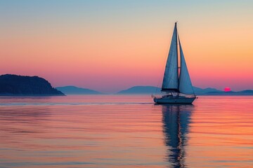 a wide view of the sea among Islands with the yacht sailing on sunset professional photography