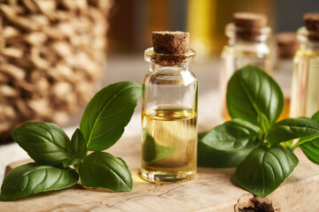 A bottle of aromatherapy essential oil with fresh basil leaves on a table