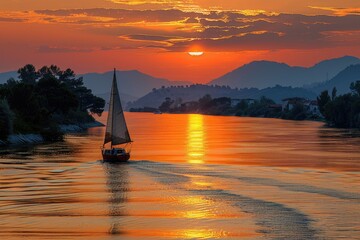 a wide view of the sea among Islands with the yacht sailing on sunset professional photography