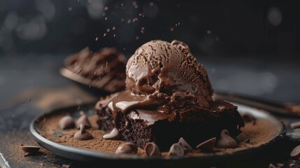 A scoop of rich chocolate ice cream melting on a warm brownie, creating a heavenly combination of flavors and textures.