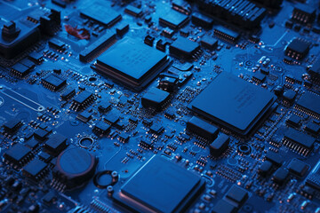 Detailed view of a blue circuit board with various electronic components and intricate pathways
