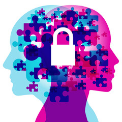 Two interwoven human profiles filled with vibrant jigsaw puzzle pieces, symbolizing complex thought processes and interconnected minds under a secure lock, showcasing creativity and cognitive security