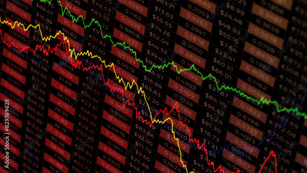 Poster artistic business collapse illustration. red line graph on blurred stock data background.