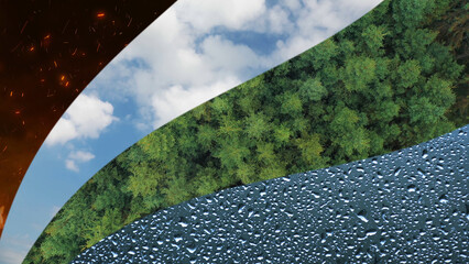 Nature four elements background. Earth, air, water and fire. Curvy collage background.