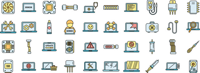 Laptop repair icons set outline vector. Repair computer. Broken support thin line color flat on white