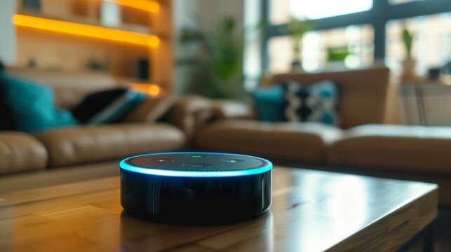 A smart speaker sits on a wooden table in a living room