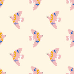 Seamless pattern with pink birds on pastel yellow background. Modern folk themed background. Vector illustration 