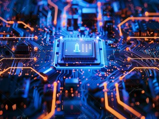 Circuit board. CPU technology. Detailed blue micro circuit diagram of a motherboard represents the complex network within a digital system in safeguarding assets.