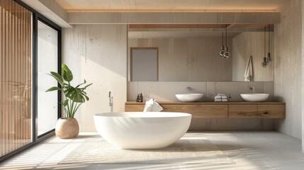 Fototapeta premium A serene minimalist bathroom with a white freestanding bathtub, wooden accents, and a large mirror reflecting the clean design.