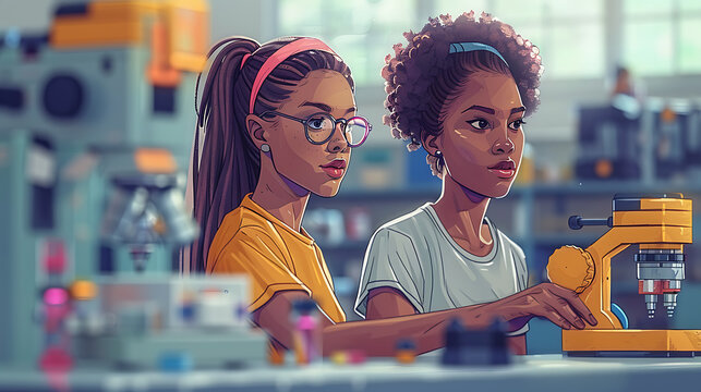 illustration of STEM summer camp girl student participating handson science technology engineering math activity designed spark interest confidence STEM field camp promotes gender equity diversity STE