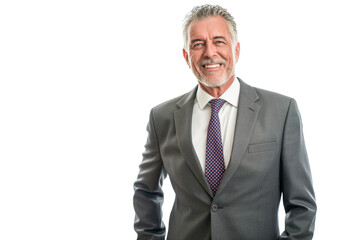 Elderly Man in Grey Suit Smiling on White Background