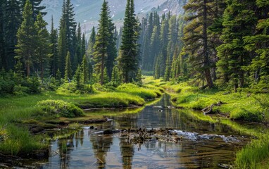 A Glimpse of Forest Serenity in Mountain Streams Reflective Surface, The Tranquil Forest Captured in the Gentle Currents of a Mountain Stream Ai Generated