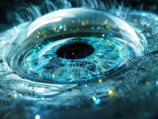 Close-up of an eye with a futuristic contact lens that enables augmented reality, seamlessly integrating digital displays for an enhanced visual experience