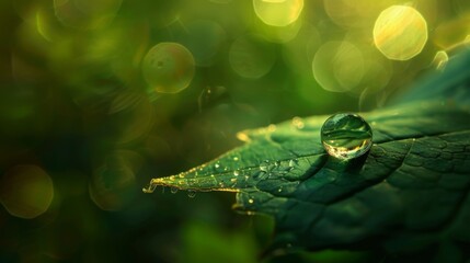 A single water droplet clinging to the edge of a leaf, reflecting the surrounding greenery in its shimmering surface