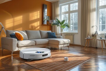 cleaning robot in scandinavian style living room professional photography