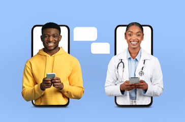 A young black man wearing a yellow hoodie uses his smartphone for an online consultation with a lady doctor. They appear on separate screens, engaged in a remote medical conversation